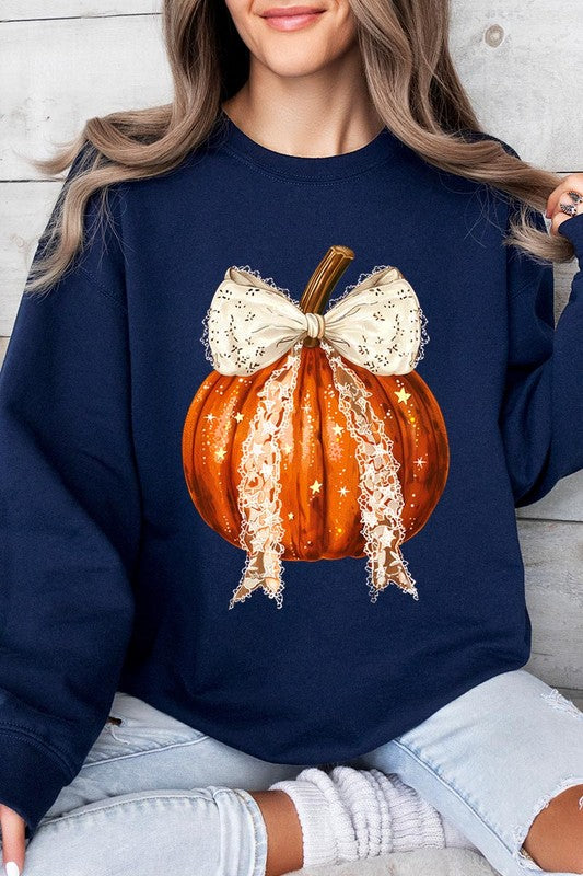 Coquette bow Halloween Pumpkin Fleece Sweatshirts-Charmful Clothing Boutique