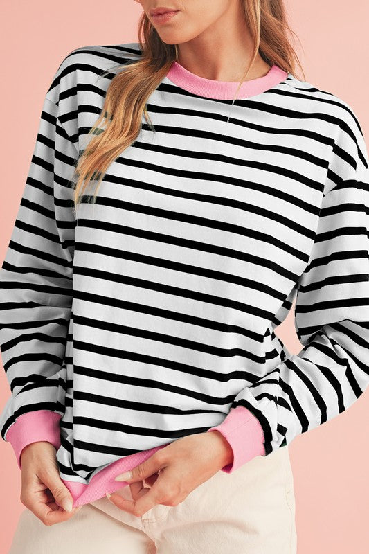 Cotton Stripe  Drop shoulder Sweatshirt-Charmful Clothing Boutique