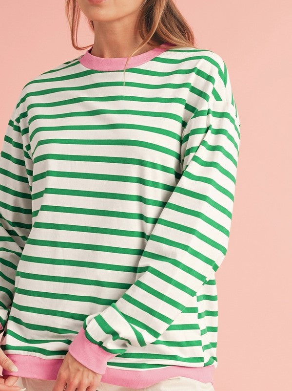 Cotton Stripe  Drop shoulder Sweatshirt-Charmful Clothing Boutique