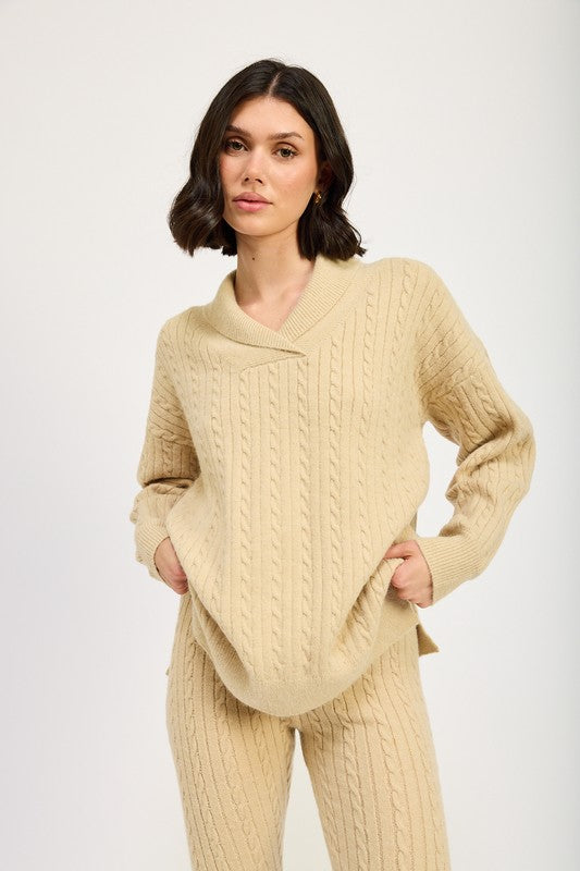 CABLE KNIT COLLARED SWEATER TOP-Charmful Clothing Boutique