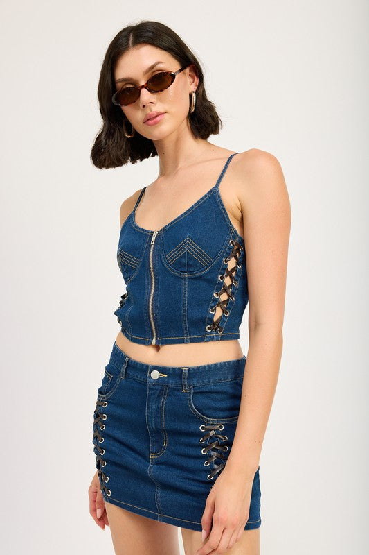 LACE UP MINI DENIM SKIRT-Charmful Clothing Boutique