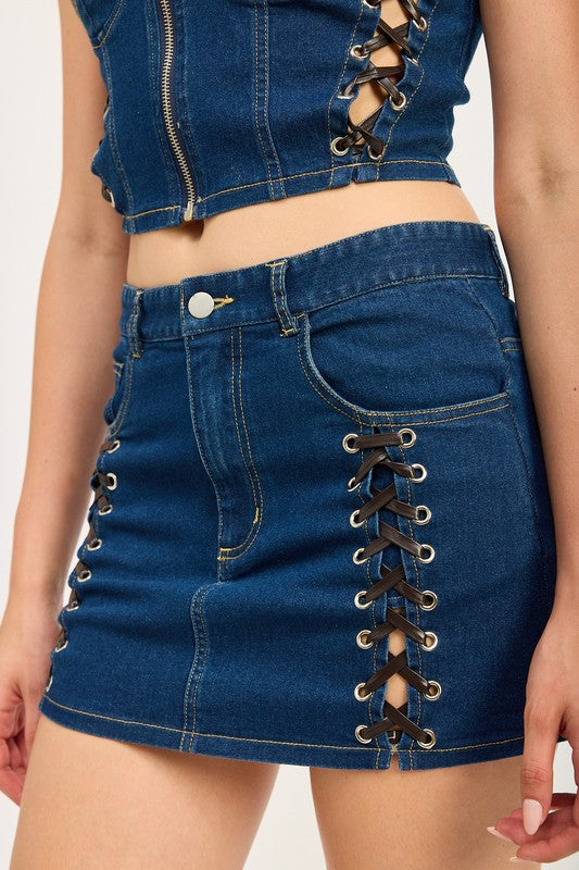 LACE UP MINI DENIM SKIRT-Charmful Clothing Boutique