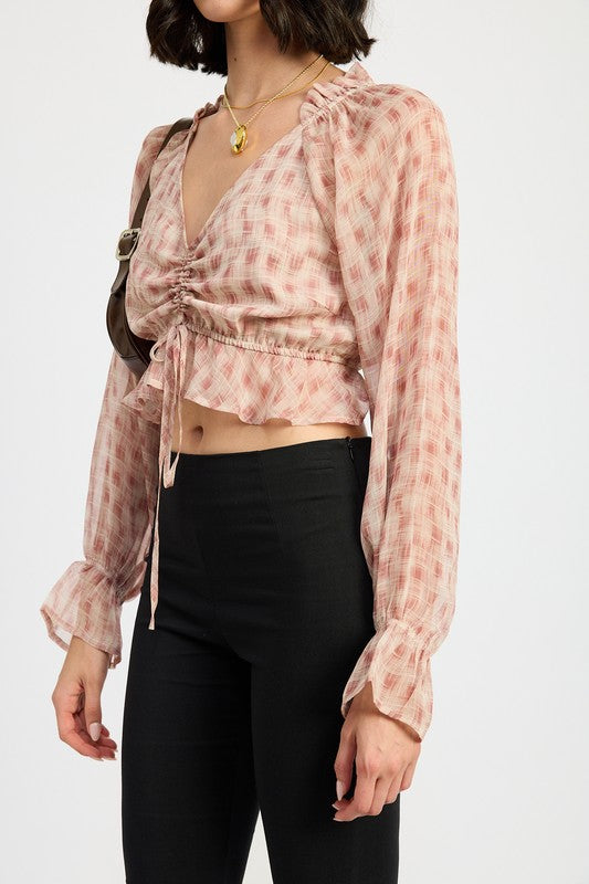 RUCHED BLOUSE WITH RUFFLE DETAIL-Charmful Clothing Boutique