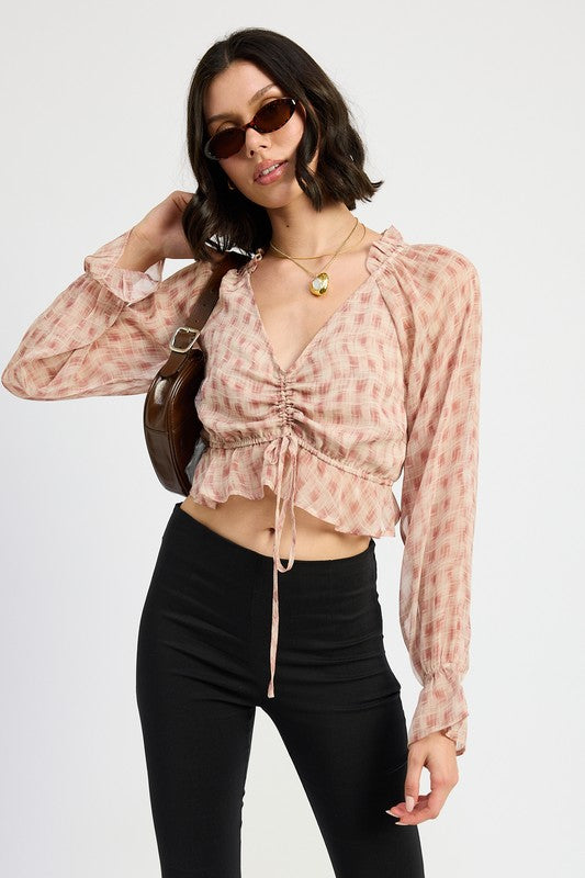 RUCHED BLOUSE WITH RUFFLE DETAIL-Charmful Clothing Boutique