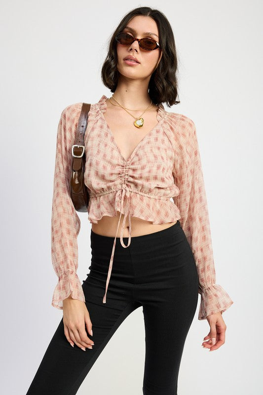 RUCHED BLOUSE WITH RUFFLE DETAIL-Charmful Clothing Boutique