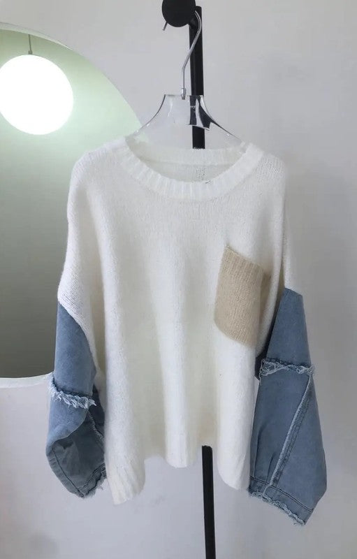 Denim sleeve knit sweater-Charmful Clothing Boutique