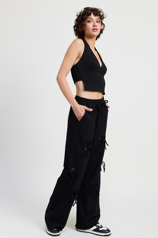 FRENCH TERRY PANTS WITH CUTOUT DETAIL-Charmful Clothing Boutique