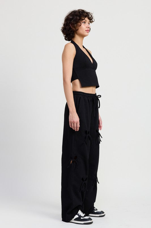 FRENCH TERRY PANTS WITH CUTOUT DETAIL-Charmful Clothing Boutique