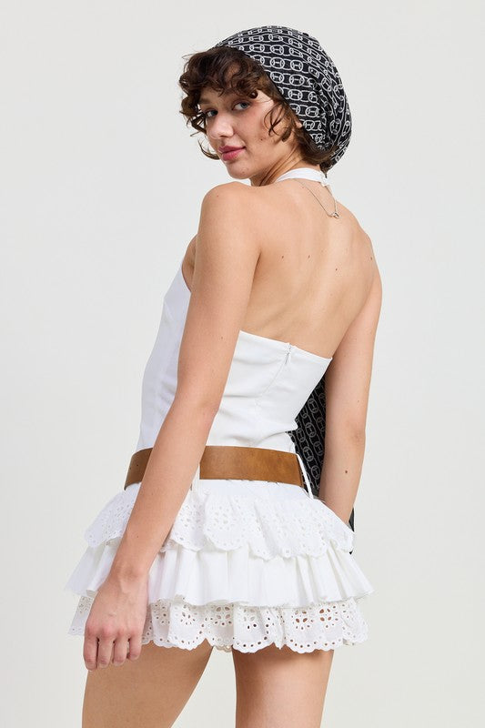 MINI BELTED TIERED EYELET HALTER DRESS-Charmful Clothing Boutique
