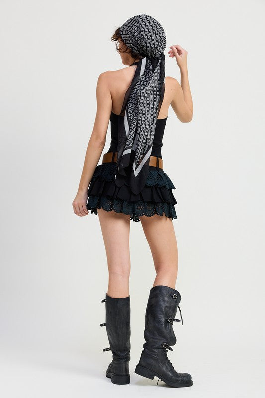 MINI BELTED TIERED EYELET HALTER DRESS-Charmful Clothing Boutique