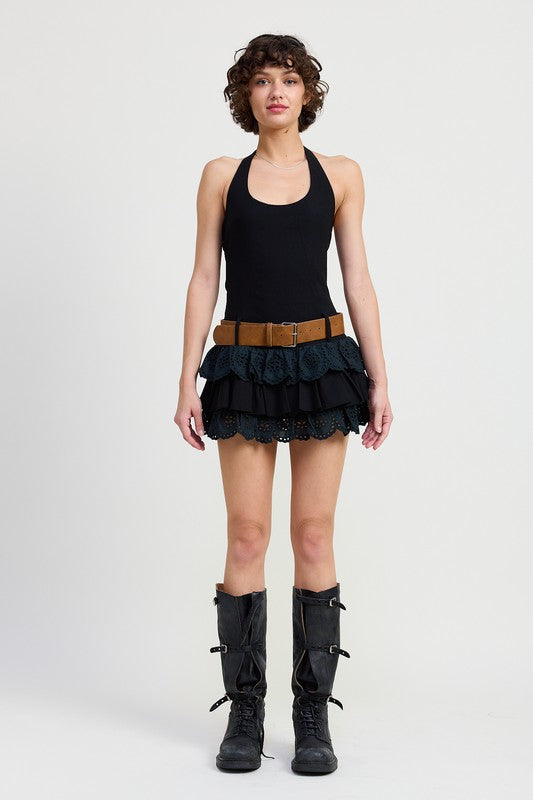 MINI BELTED TIERED EYELET HALTER DRESS-Charmful Clothing Boutique