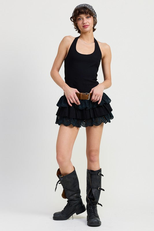 MINI BELTED TIERED EYELET HALTER DRESS-Charmful Clothing Boutique