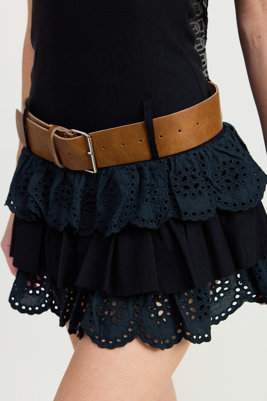 MINI BELTED TIERED EYELET HALTER DRESS-Charmful Clothing Boutique