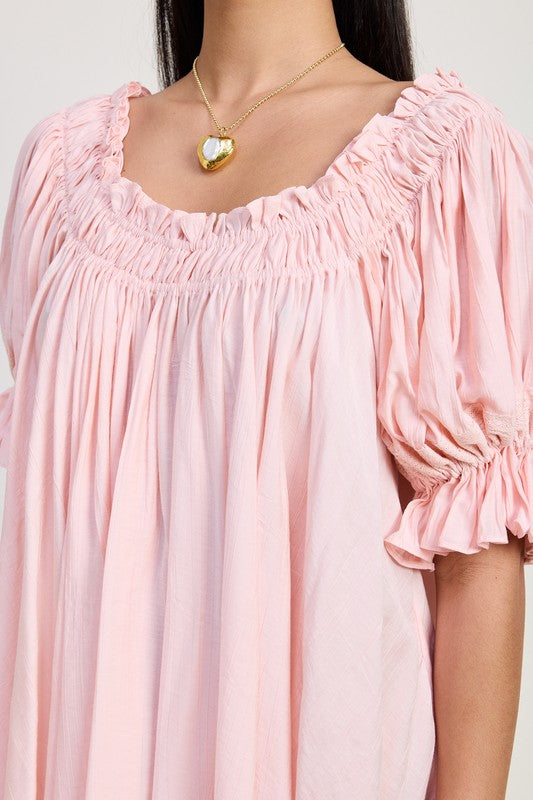 MINI EMBROIDERY SHORT PUFF SLEEVE DRESS-Charmful Clothing Boutique