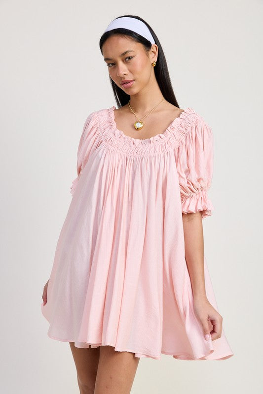 MINI EMBROIDERY SHORT PUFF SLEEVE DRESS-Charmful Clothing Boutique