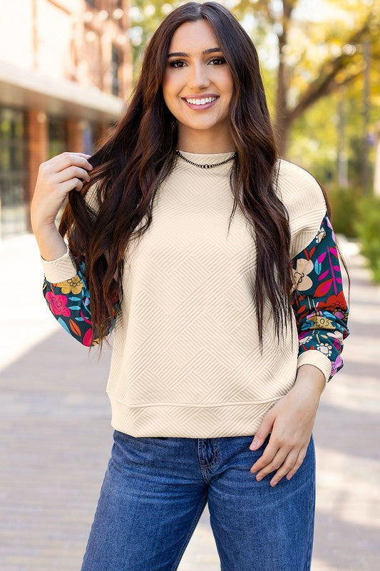 Contrast Floral Sleeve Textured Top Sweatshirts-Charmful Clothing Boutique