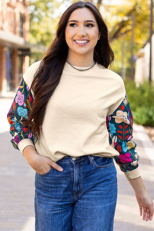 Contrast Floral Sleeve Textured Top Sweatshirts-Charmful Clothing Boutique