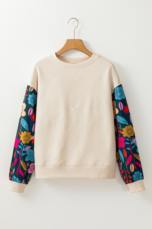 Contrast Floral Sleeve Textured Top Sweatshirts-Charmful Clothing Boutique