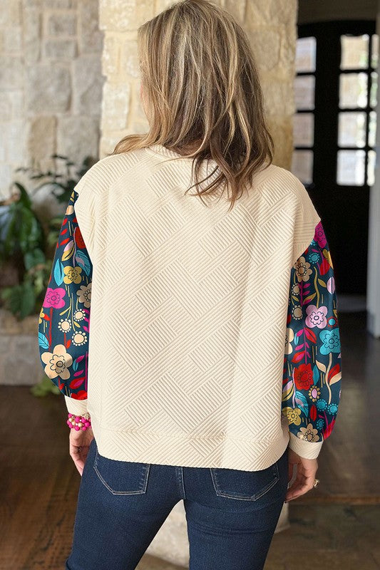 Contrast Floral Sleeve Textured Top Sweatshirts-Charmful Clothing Boutique