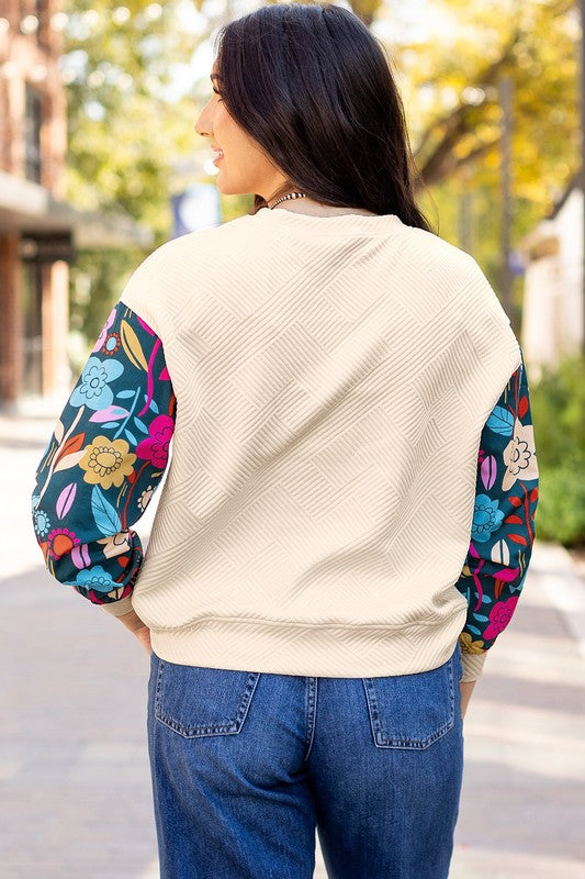 Contrast Floral Sleeve Textured Top Sweatshirts-Charmful Clothing Boutique