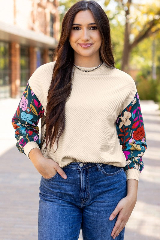 Contrast Floral Sleeve Textured Top Sweatshirts-Charmful Clothing Boutique