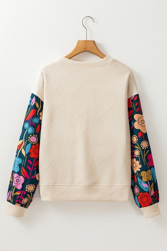 Contrast Floral Sleeve Textured Top Sweatshirts-Charmful Clothing Boutique