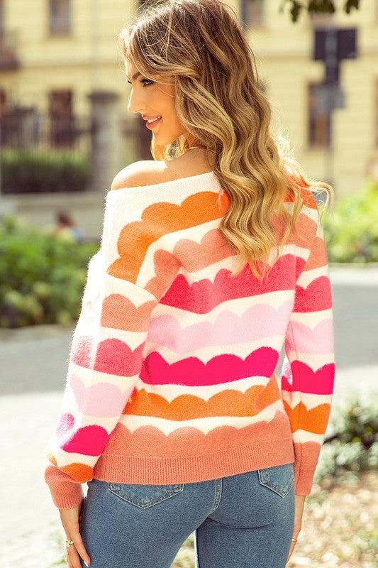 Rose Red Wave Striped Balloon Sleeve Drop Sweater-Charmful Clothing Boutique