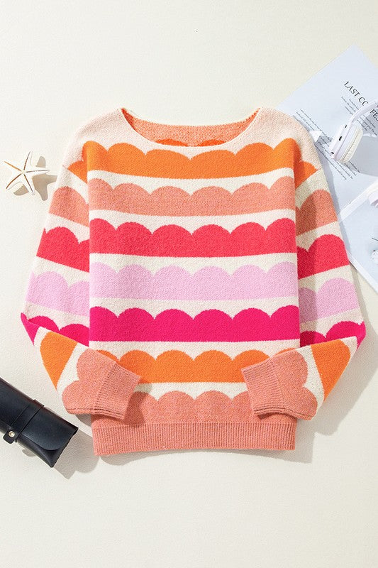 Rose Red Wave Striped Balloon Sleeve Drop Sweater-Charmful Clothing Boutique