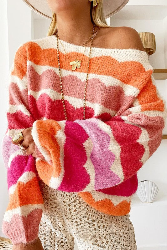 Rose Red Wave Striped Balloon Sleeve Drop Sweater-Charmful Clothing Boutique