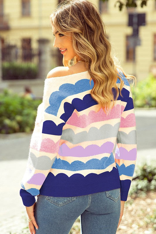 Rose Red Wave Striped Balloon Sleeve Drop Sweater-Charmful Clothing Boutique