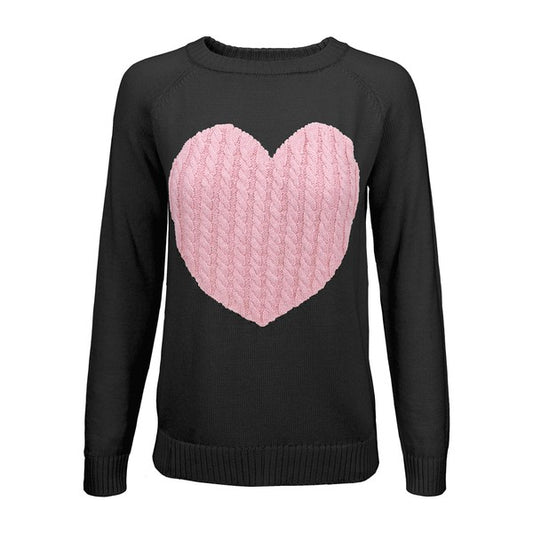 Love Heart Jacquard Round Neck Pullover Sweater-Charmful Clothing Boutique