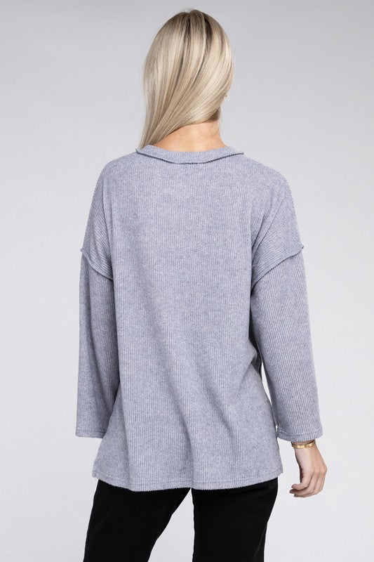 Ribbed Brushed Melange Hacci Henley Sweater-Charmful Clothing Boutique