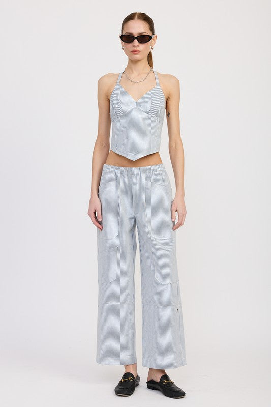 CINCHED TWILL PANTS WITH WIDE LEG-Charmful Clothing Boutique