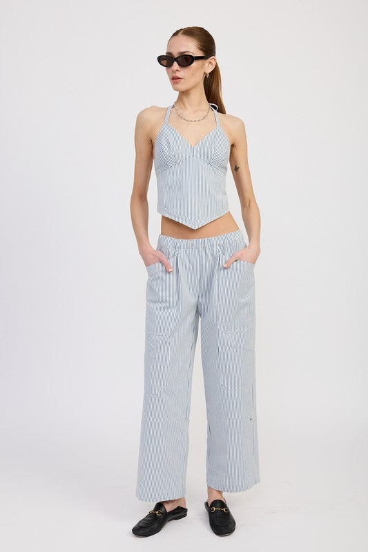 CINCHED TWILL PANTS WITH WIDE LEG-Charmful Clothing Boutique