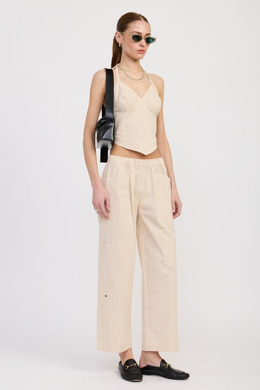 CINCHED TWILL PANTS WITH WIDE LEG-Charmful Clothing Boutique