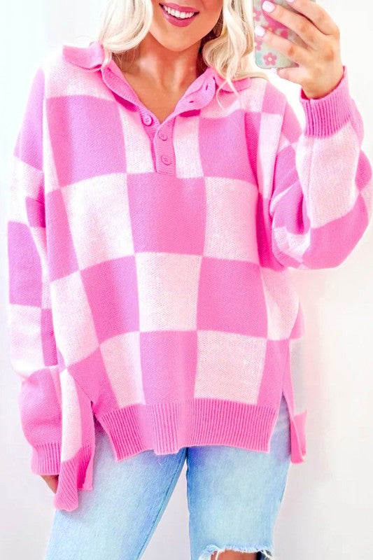 Checkerboard Button Collared Drop Shoulder Sweater-Charmful Clothing Boutique