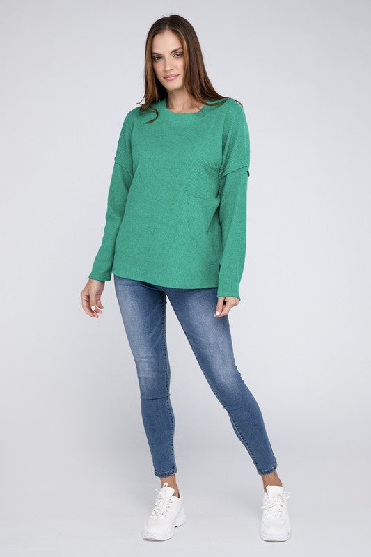 Ribbed Brushed Melange Hacci Sweater with a Pocket-Charmful Clothing Boutique