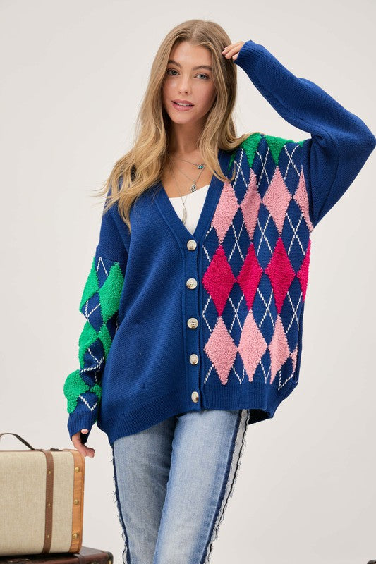 Plush Argyle Button Front Loose Fit Knit Cardigan-Charmful Clothing Boutique