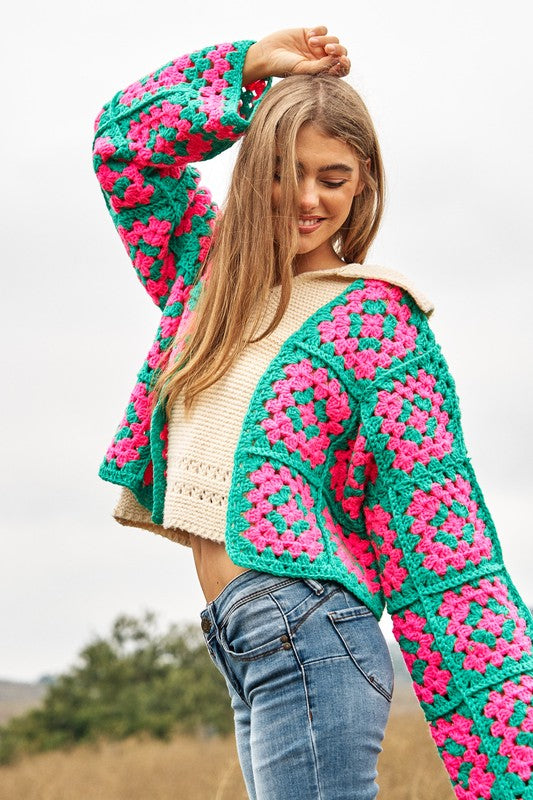 Two-Tone Floral Square Crochet Open Knit Cardigan-Charmful Clothing Boutique