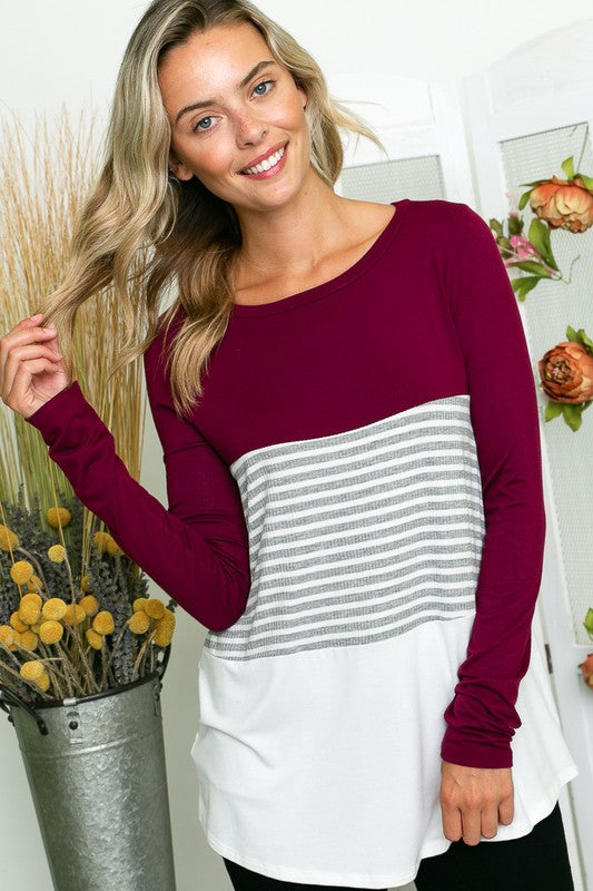 PLUS SOLID STRIPE COLORBLOCK TOP-Charmful Clothing Boutique