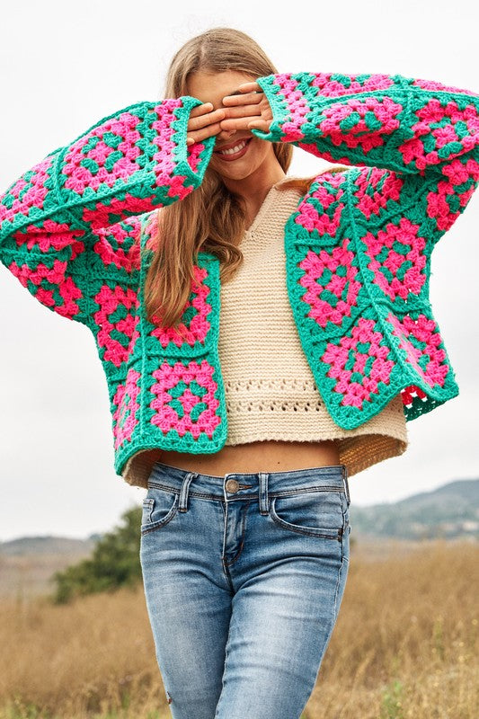 Two-Tone Floral Square Crochet Open Knit Cardigan-Charmful Clothing Boutique