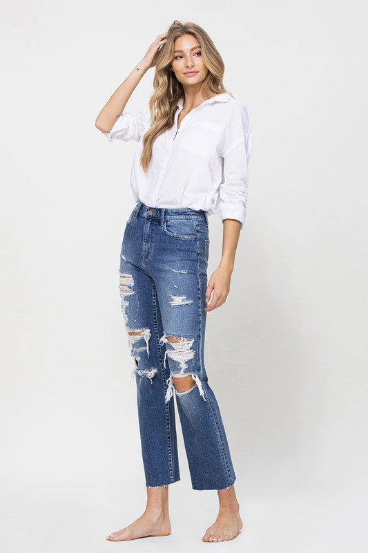 Distressed High Rise Ankle Relaxed Straight Jeans-Charmful Clothing Boutique