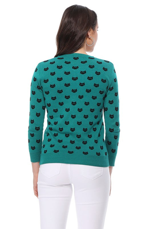 Round Neck Cat Patterned Cardigan Sweater-Charmful Clothing Boutique