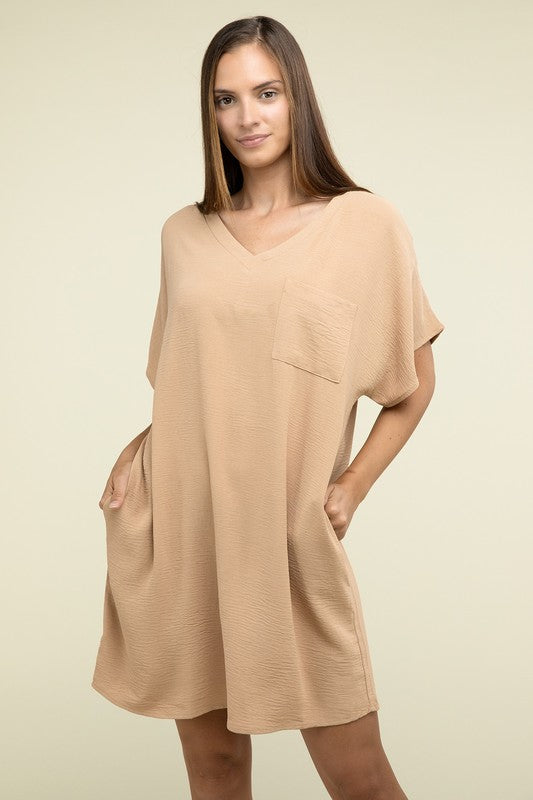 Woven Airflow V Neck T-Shirt Dress with Pockets-Charmful Clothing Boutique