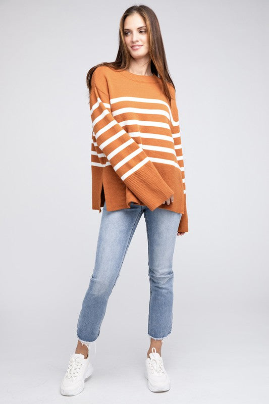 Ribbed Hem Stripe Sweater-Charmful Clothing Boutique