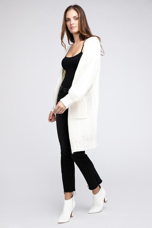 Twist Knitted Open Front Cardigan With Pockets-Charmful Clothing Boutique