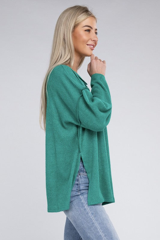 Ribbed Brushed Melange Hacci Henley Sweater-Charmful Clothing Boutique