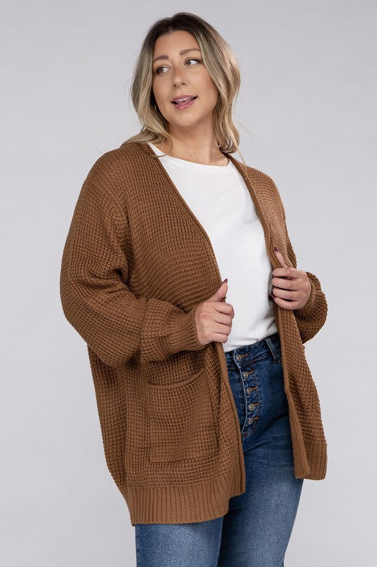 Plus Low Gauge Waffle Open Cardigan Sweater-Charmful Clothing Boutique