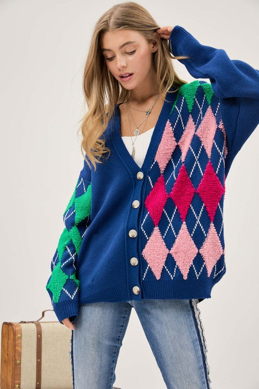 Plush Argyle Button Front Loose Fit Knit Cardigan-Charmful Clothing Boutique