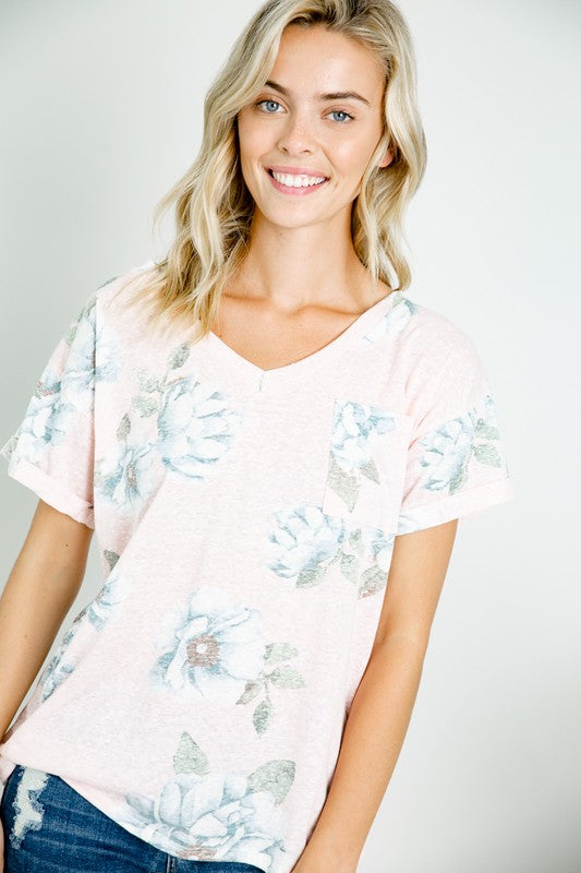 PLUS TRIBLEND FLORAL V NECK TOP-Charmful Clothing Boutique